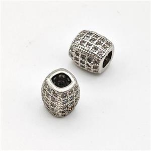 Copper Barrel Beads Micro Pave Zirconia Large Hole Platinum Plated, approx 6-7mm, 3mm hole