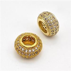 Copper Rondelle Beads Micro Pave Zirconia Large Hole Gold Plated, approx 10mm, 5mm hole