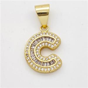 Copper Pendant Pave Zirconia Letter-C Gold Plated, approx 13-18mm