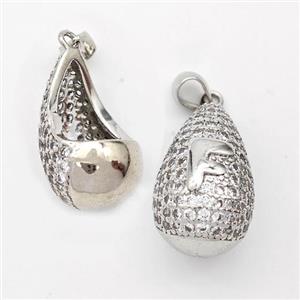 Copper Teardrop Pendant Pave Zirconia Letter-F Hollow Platinum Plated, approx 14-24mm