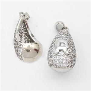 Copper Teardrop Pendant Pave Zirconia Letter-R Hollow Platinum Plated, approx 14-24mm