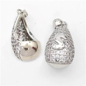 Copper Teardrop Pendant Pave Zirconia Letter-S Hollow Platinum Plated, approx 14-24mm