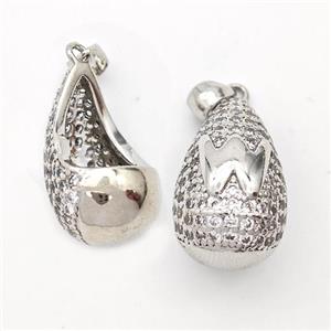 Copper Teardrop Pendant Pave Zirconia Letter-W Hollow Platinum Plated, approx 14-24mm