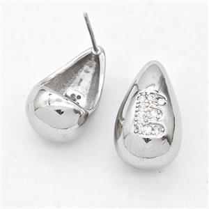 Copper Teardrop Stud Earring Pave Zirconia Letter-E Platinum Plated, approx 11-18mm