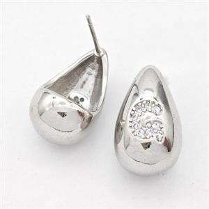 Copper Teardrop Stud Earring Pave Zirconia Letter-G Platinum Plated, approx 11-18mm