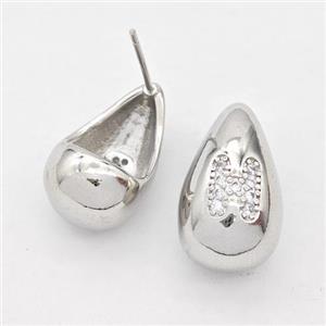 Copper Teardrop Stud Earring Pave Zirconia Letter-H Platinum Plated, approx 11-18mm