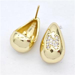 Copper Teardrop Stud Earring Pave Zirconia Letter-N Gold Plated, approx 11-18mm