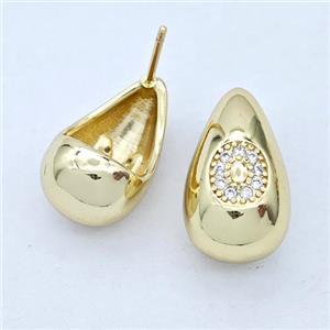 Copper Teardrop Stud Earring Pave Zirconia Letter-O Gold Plated, approx 11-18mm