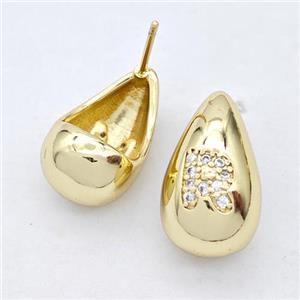 Copper Teardrop Stud Earring Pave Zirconia Letter-R Gold Plated, approx 11-18mm