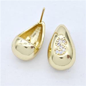 Copper Teardrop Stud Earring Pave Zirconia Letter-S Gold Plated, approx 11-18mm