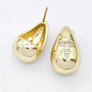 Copper Teardrop Stud Earring Pave Zirconia Letter-T Gold Plated, approx 11-18mm