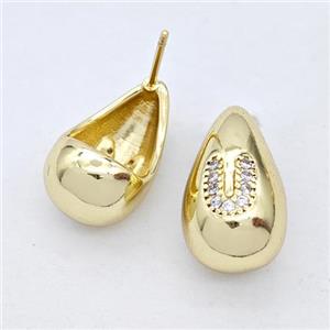 Copper Teardrop Stud Earring Pave Zirconia Letter-U Gold Plated, approx 11-18mm