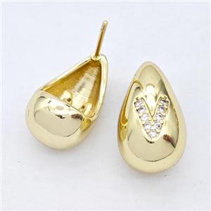 Copper Teardrop Stud Earring Pave Zirconia Letter-V Gold Plated, approx 11-18mm