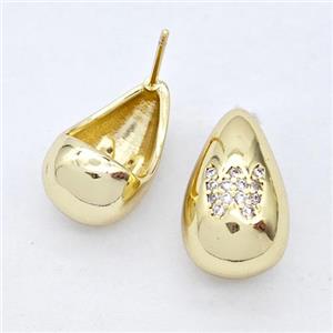 Copper Teardrop Stud Earring Pave Zirconia Letter-W Gold Plated, approx 11-18mm