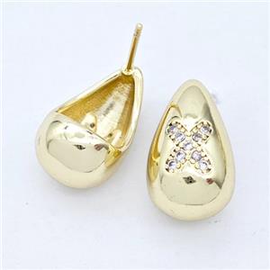 Copper Teardrop Stud Earring Pave Zirconia Letter-X Gold Plated, approx 11-18mm