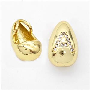 Copper Teardrop Pendant Pave Zirconia Letter-A Gold Plated, approx 11-18mm, 3mm hole
