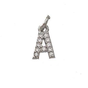 Copper Pendant Pave Zirconia Letter-A Platinum Plated, approx 6-9mm