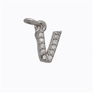 Copper Pendant Pave Zirconia Letter-V Platinum Plated, approx 6-9mm