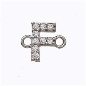 Copper Connector Pave Zirconia Letter-F Platinum Plated, approx 8-9mm