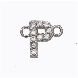 Copper Connector Pave Zirconia Letter-P Platinum Plated, approx 8-9mm