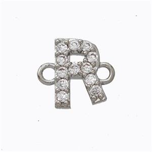 Copper Connector Pave Zirconia Letter-R Platinum Plated, approx 8-9mm