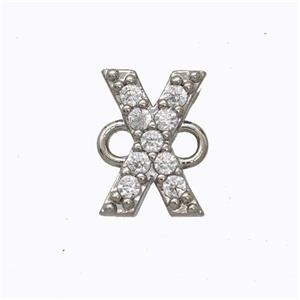 Copper Connector Pave Zirconia Letter-X Platinum Plated, approx 8-9mm