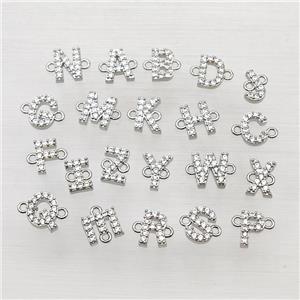 Copper Alphabet Connector Pave Zirconia Mix Letters Platinum Plated, approx 8-9mm