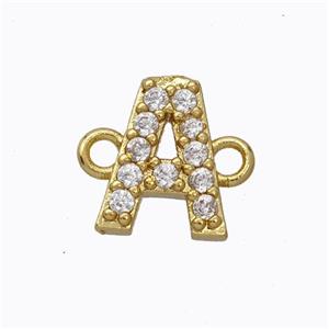 Copper Connector Pave Zirconia Letter-A Gold Plated, approx 8-9mm