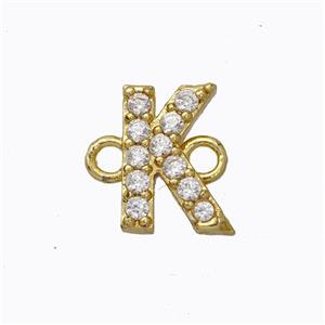 Copper Connector Pave Zirconia Letter-K Gold Plated, approx 8-9mm