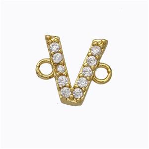 Copper Connector Pave Zirconia Letter-V Gold Plated, approx 8-9mm