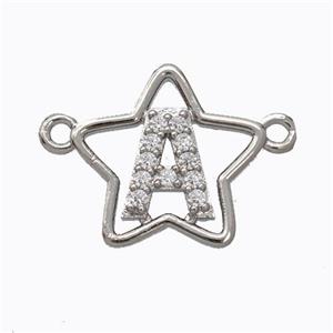 Copper Star Pendant Pave Zirconia Letter-A Platinum Plated, approx 16mm