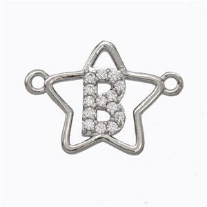 Copper Star Pendant Pave Zirconia Letter-B Platinum Plated, approx 16mm