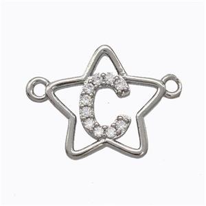 Copper Star Pendant Pave Zirconia Letter-C Platinum Plated, approx 16mm