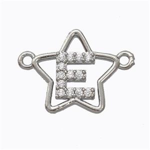 Copper Star Pendant Pave Zirconia Letter-E Platinum Plated, approx 16mm