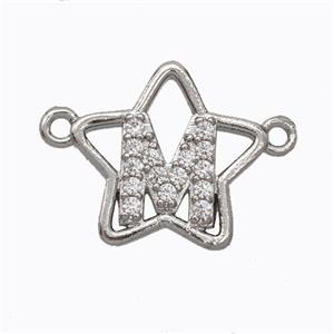 Copper Star Pendant Pave Zirconia Letter-M Platinum Plated, approx 16mm