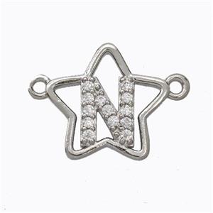 Copper Star Pendant Pave Zirconia Letter-N Platinum Plated, approx 16mm