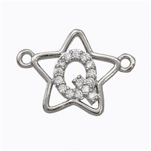 Copper Star Pendant Pave Zirconia Letter-Q Platinum Plated, approx 16mm