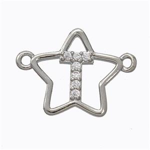 Copper Star Pendant Pave Zirconia Letter-T Platinum Plated, approx 16mm