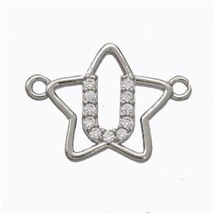 Copper Star Pendant Pave Zirconia Letter-U Platinum Plated, approx 16mm