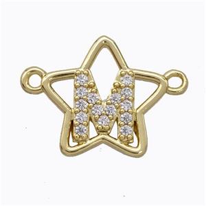 Copper Star Pendant Pave Zirconia Letter-M Gold Plated, approx 16mm