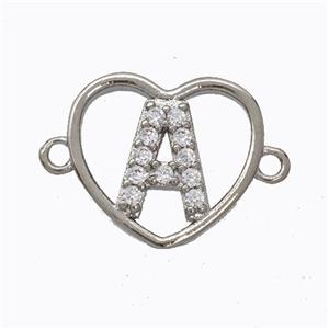 Copper Heart Connector Pave Zirconia Letter-A Platinum Plated, approx 15.5mm