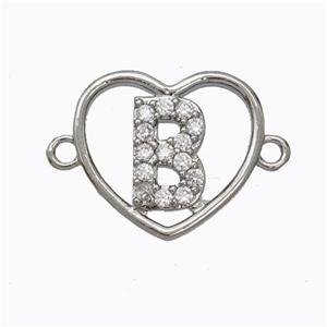 Copper Heart Connector Pave Zirconia Letter-B Platinum Plated, approx 15.5mm