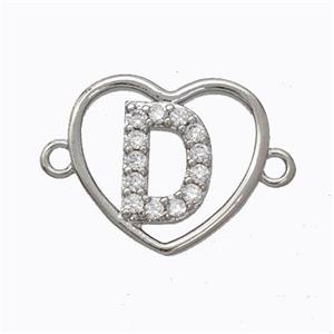 Copper Heart Connector Pave Zirconia Letter-D Platinum Plated, approx 15.5mm