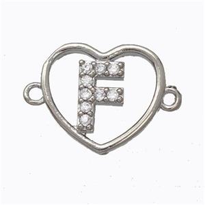 Copper Heart Connector Pave Zirconia Letter-F Platinum Plated, approx 15.5mm