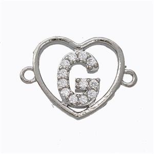 Copper Heart Connector Pave Zirconia Letter-G Platinum Plated, approx 15.5mm