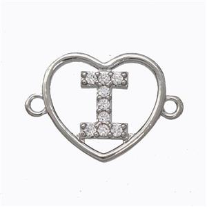 Copper Heart Connector Pave Zirconia Letter-I Platinum Plated, approx 15.5mm