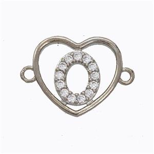 Copper Heart Connector Pave Zirconia Letter-O Platinum Plated, approx 15.5mm