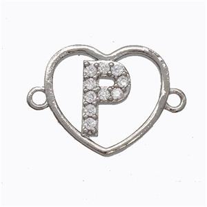 Copper Heart Connector Pave Zirconia Letter-P Platinum Plated, approx 15.5mm