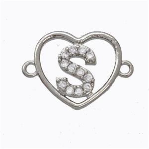 Copper Heart Connector Pave Zirconia Letter-S Platinum Plated, approx 15.5mm