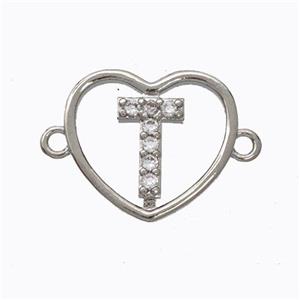 Copper Heart Connector Pave Zirconia Letter-T Platinum Plated, approx 15.5mm